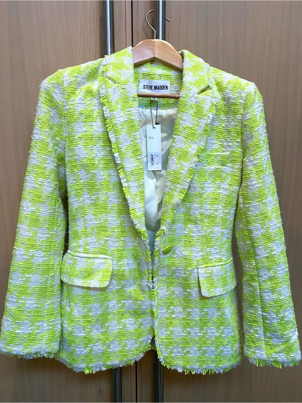 Steve Madden Neon Yellow & White Houndstooth Tweed Blazer